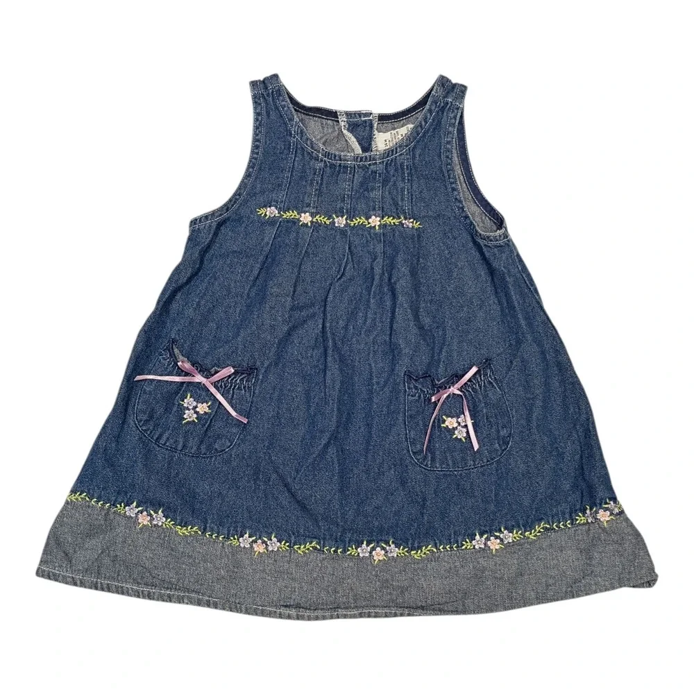 Girls Y2K 90's Vintage Denim Flower Embroidery Dress 24 Mos Kidscore 100% Cotton